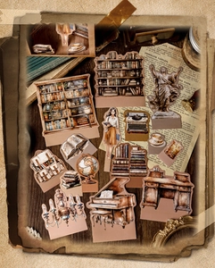 Detail of vintage library stickers with books and typewriters on rustic wooden surface