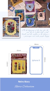 Detail view of vintage metal gloss frame paper with size dimensions and phone comparison