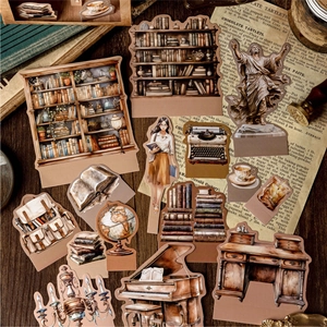 Vintage library stickers set featuring retro bookshelves, pianos, and globes for journaling