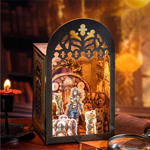 Retro steampunk book nook kit with 3D miniature room scene and warm LED lighting effect
