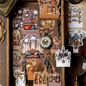 Steampunk style vintage stickers set featuring mechanical clocks and gears for journaling