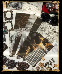 Detail eines Vintage-Gothic-Bastelsets mit Kompassmotiven und floralen Aufklebern