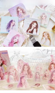 Macro view of 30pcs matte PET stickers with girly Korean style illustration designs
