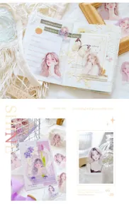 Close-up of pink and purple PET stickers with girl illustrations for scrapbooking DIY