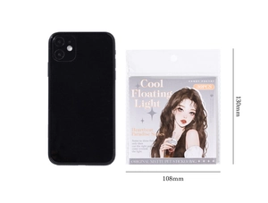 Detail view of Matte PET sticker pack with size comparison next to a smartphone