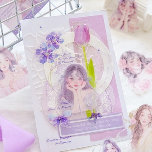 Pastel purple PET stickers set featuring floral illustrations and girl characters for journaling