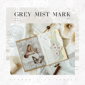 Detail von Vintage Grey Mist Spitzenpapier-Collage mit Blumen- und Schmetterlingsmotiven