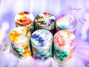 Detailed view of six decorative PET tapes featuring watercolor galaxy and forest patterns