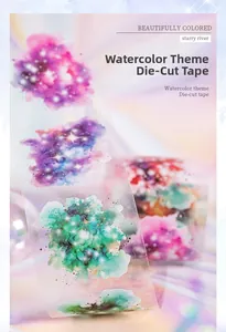 Detail of die-cut PET tape showing watercolor starry river patterns with translucent finish