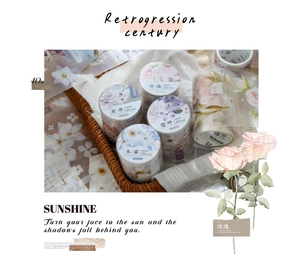 Artistic collage of vintage floral PET tapes with rose and hydrangea designs in a basket