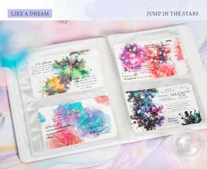 Detail of transparent 4-pocket card holder with artistic watercolor poetic insert cards