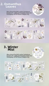 Detail of vintage floral PET tapes with purple and blue botanical prints for journaling