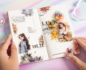Close-up of PET watercolor tape featuring anime girl portraits and floral motifs in a journal