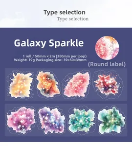 Macro detail of watercolor galaxy PET tape showing 50mm width and starry night patterns