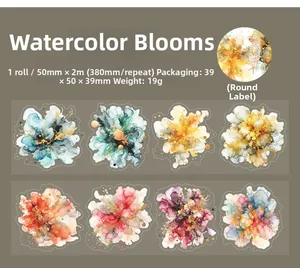 Detailed view of watercolor PET tape patterns with dimensions 50mm x 2m and artistic floral prints