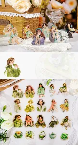 Dettaglio di adesivi PET vintage con motivi di tè e abiti verdi per scrapbooking