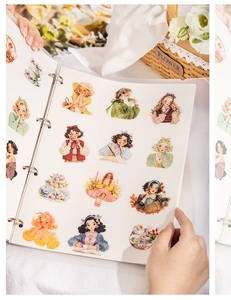 Dettaglio di adesivi PET vintage con ragazze per scrapbooking scene di tea party