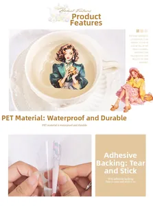 Dettaglio di adesivi in PET impermeabili con retro autoadesivo e illustrazioni vintage