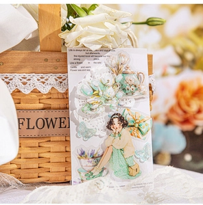 Dettaglio di adesivi in PET con ragazze vintage e motivi di tea party floreali