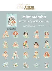 Panoramica dettagliata del set di adesivi PET Mint Mambo con 20 design vintage da tè