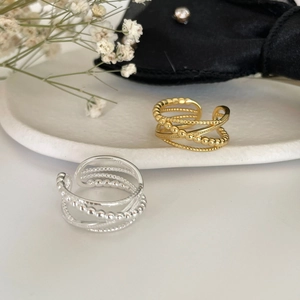 S925 sterling silver multilayer cross ring with bead textures in gold and silver