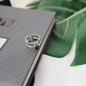 Bague rétro en argent S925 double couche avec texture chaîne et gemme noire