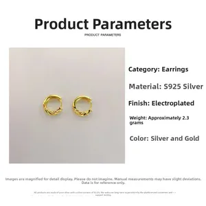 Close-up of S925 sterling silver hoop earrings with gold plated twisted texture detail