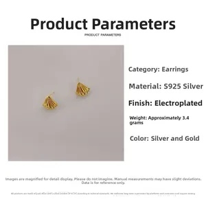 Detail view of gold shell earrings showing S925 silver material and product specs