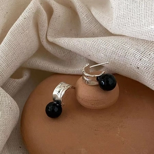 925 Sterling Silver French Retro Black Faceted Bead Hoop Earrings For Women Minimalist Lava Texture Earring Jewelry Accessory