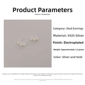 Detailed view of S925 sterling silver three-bead stud earrings in gold and silver finish