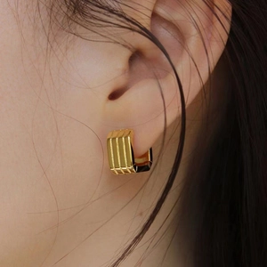 925 sterling silver square huggie hoop earrings with gold vertical ribbed texture
