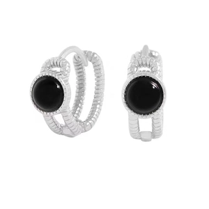 S925 sterling silver hoop earrings with vintage twisted texture and black onyx stones