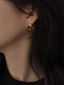 Gros plan de boucles d'oreilles minimalistes à double cercle dorées portées par un mannequin