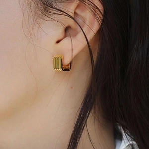 925 sterling silver square ribbed hoop earrings with elegant 18K gold plated texture