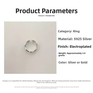 Detail of S925 sterling silver minimalist bamboo style open ring with sizing specs