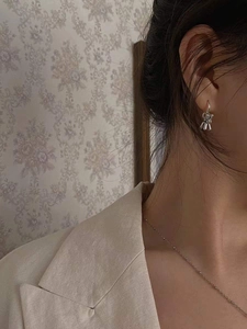 Gros plan de boucles d'oreilles chien ballon en argent portées avec collier fin