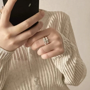 Stackable S925 sterling silver bamboo joint and wavy open rings for women on hand