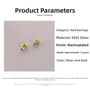 Detail view of S925 sterling silver water-drop earrings with silver and gold bicolor finish