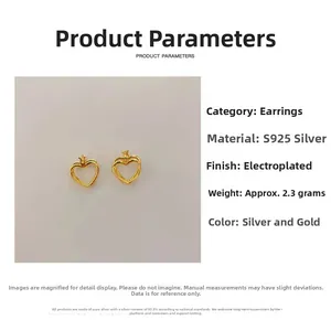 Detail of 925 sterling silver heart earrings with gold plating and dual-ring design