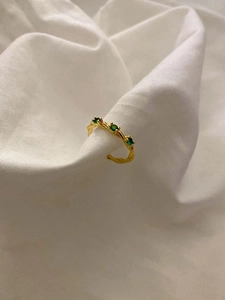 Vintage 925 Sterling Silver Twisted Open Ring With Green Rhinestone Adjustable Personalized Fashion Jewelry For Women