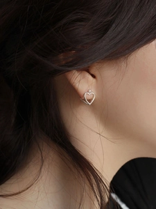 925 sterling silver hollow heart stud earrings worn on ear for minimalist style