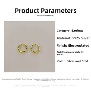 Macro view showing specifications of twisted S925 sterling silver hoop earrings in gold