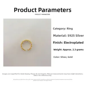 Detail view of gold-plated S925 sterling silver grain ring with specifications and 2.3g weight