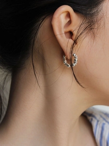 925 Sterling Silver C-shape hoop earrings with small beads and inlaid zircon accents