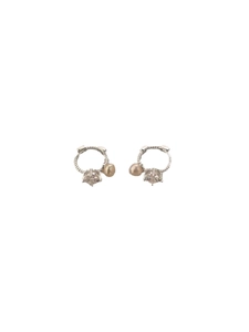 Twisted silver hoop earrings with square zircon and baroque pearl charm on white background