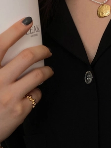 Elegant 925 sterling silver rice-shaped beaded open ring with a gold textured finish