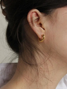 Orecchini tondi dorati minimalisti indossati da una modella per uno stile quotidiano