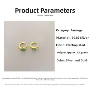 Detail of 925 sterling silver gold plated emerald earrings with product specifications