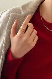 Minimalist S925 sterling silver gold rings set and paperclip necklace on model