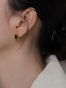 925 sterling silver gold earrings with rectangular green emerald stone worn by model